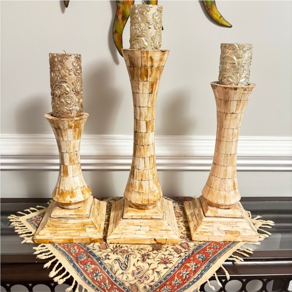 Vintage Bone inlay Candle Holders Set of 3 Gorgeous Excellent condition - Picture 9 of 9